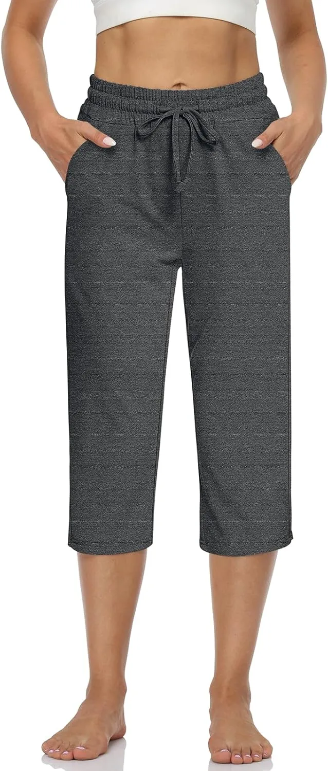 UEU Women's Comfy Drawstring Yoga Capri Pants Loose Workout Sweatpants Wide Leg Lounge Pants with Pockets