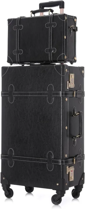 UNIWALKER 2 Piece Vintage Suitcase Set, 24" Handcraft Retro Spinner Trunk Luggage with Train Case for Women Men, BLACK