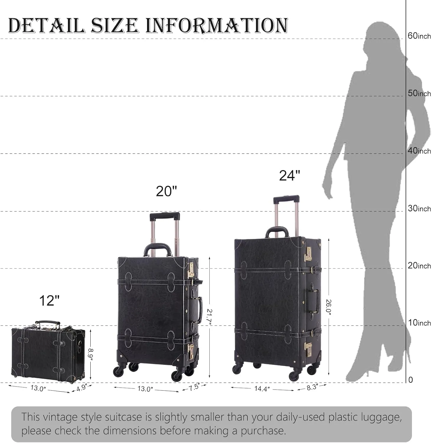 UNIWALKER 2 Piece Vintage Suitcase Set, 24" Handcraft Retro Spinner Trunk Luggage with Train Case for Women Men, BLACK