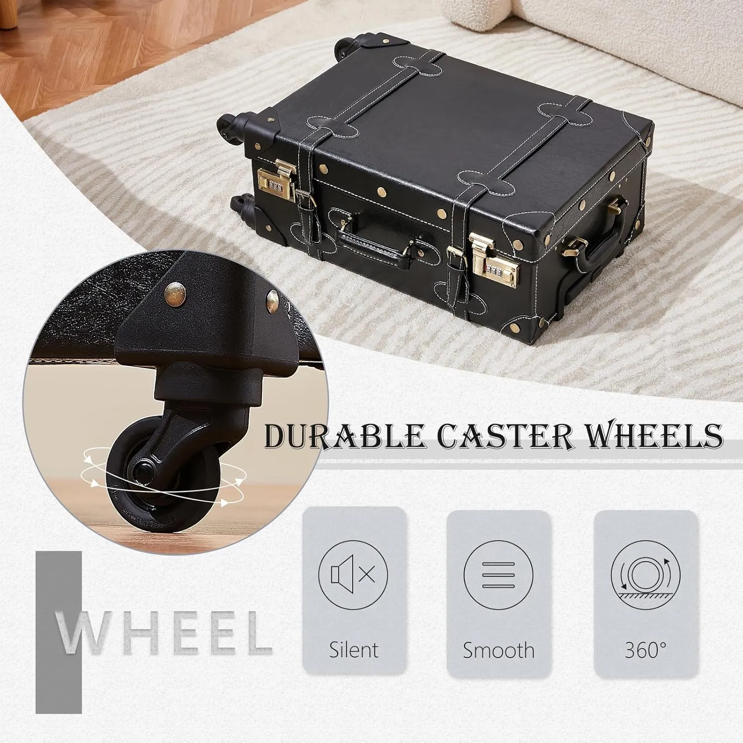 UNIWALKER 2 Piece Vintage Suitcase Set, 24" Handcraft Retro Spinner Trunk Luggage with Train Case for Women Men, BLACK