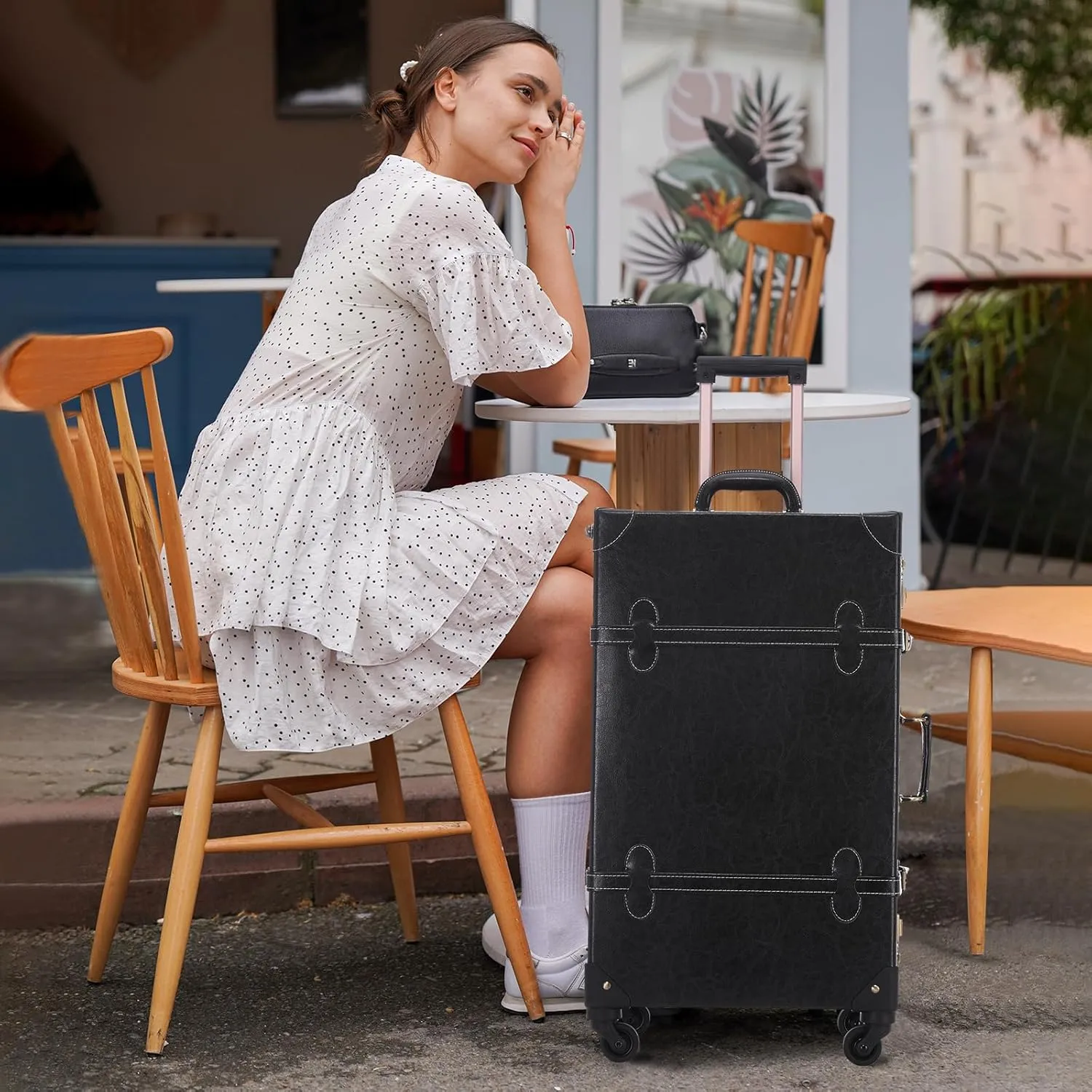 UNIWALKER 2 Piece Vintage Suitcase Set, 24" Handcraft Retro Spinner Trunk Luggage with Train Case for Women Men, BLACK