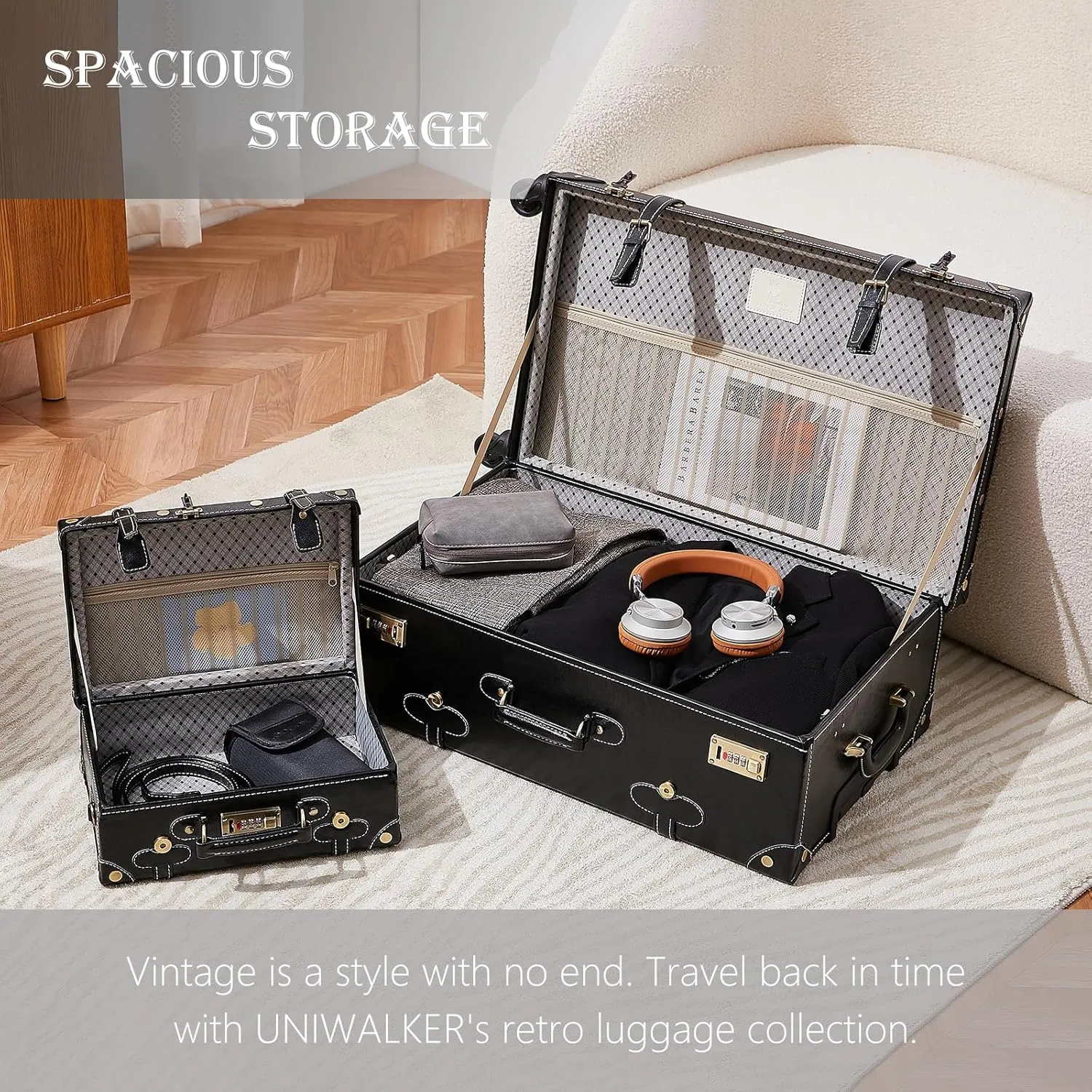 UNIWALKER 2 Piece Vintage Suitcase Set, 24" Handcraft Retro Spinner Trunk Luggage with Train Case for Women Men, BLACK