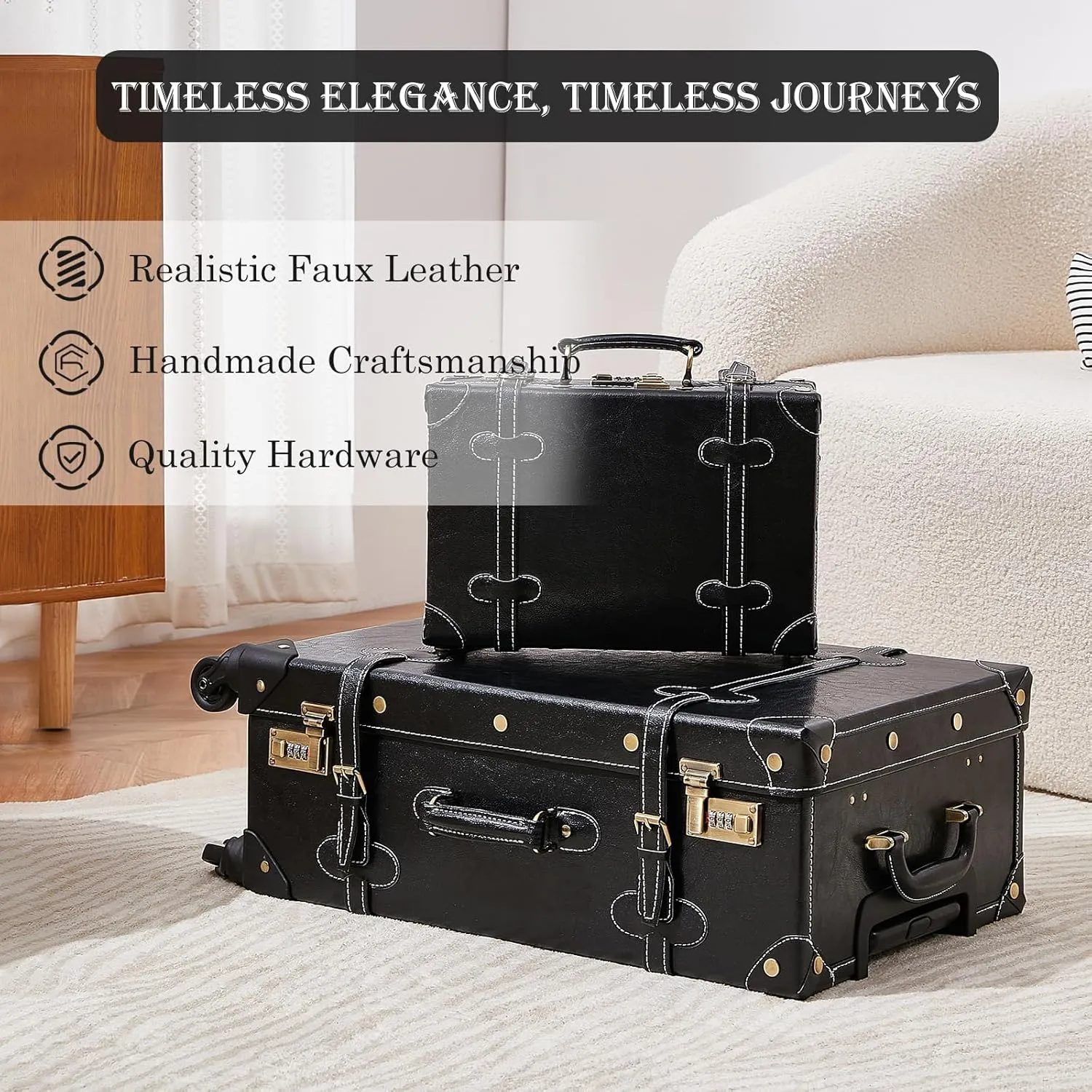 UNIWALKER 2 Piece Vintage Suitcase Set, 24" Handcraft Retro Spinner Trunk Luggage with Train Case for Women Men, BLACK