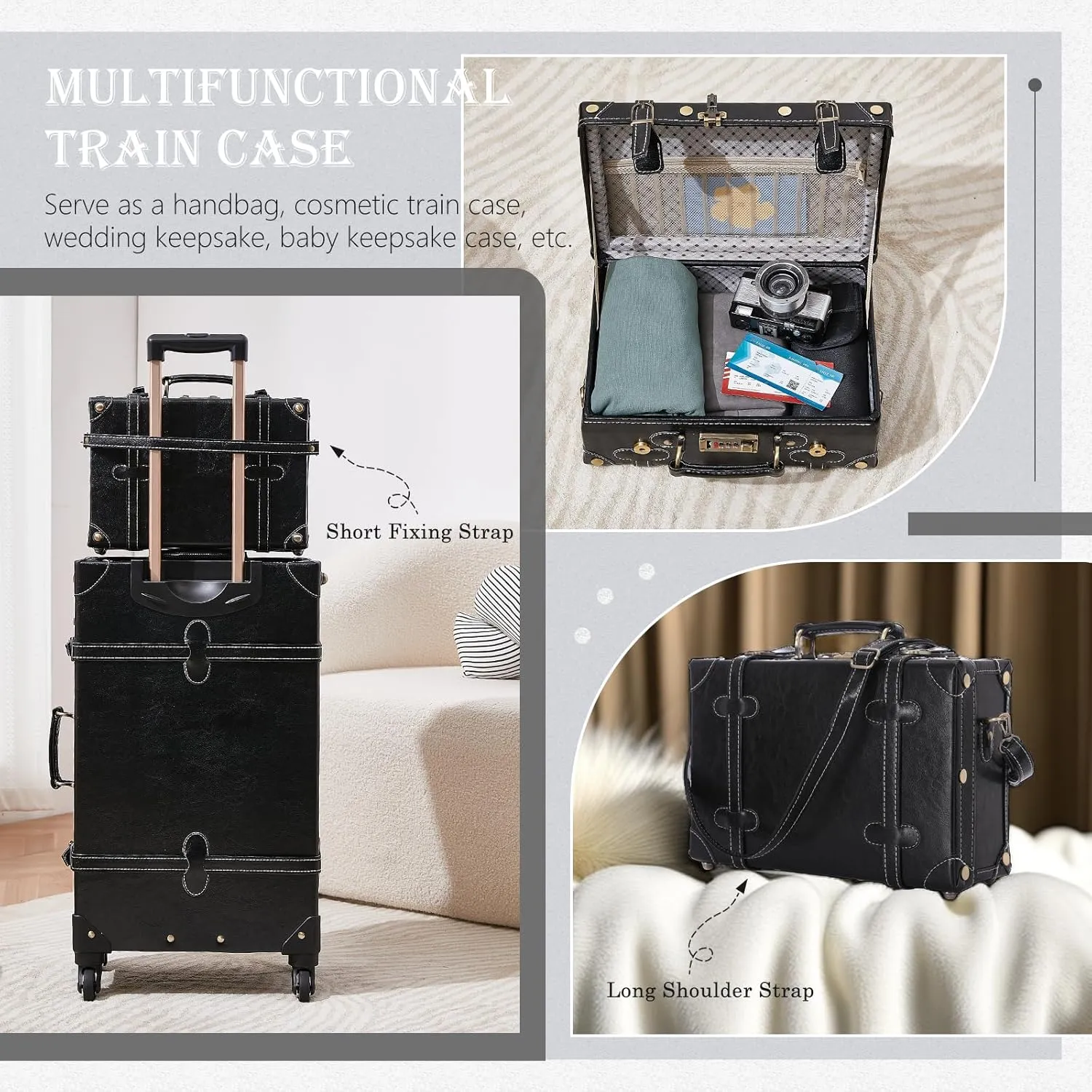 UNIWALKER 2 Piece Vintage Suitcase Set, 24" Handcraft Retro Spinner Trunk Luggage with Train Case for Women Men, BLACK