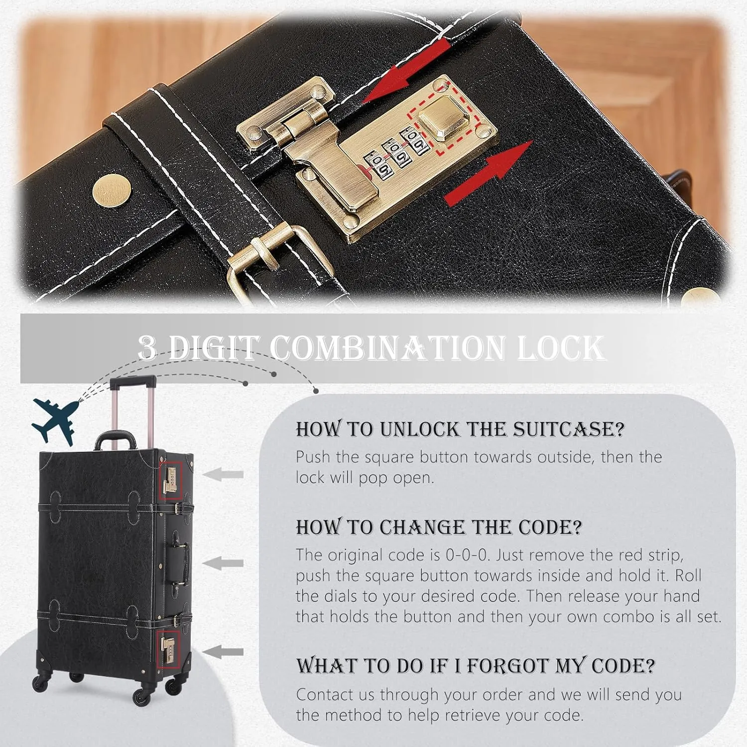 UNIWALKER 2 Piece Vintage Suitcase Set, 24" Handcraft Retro Spinner Trunk Luggage with Train Case for Women Men, BLACK