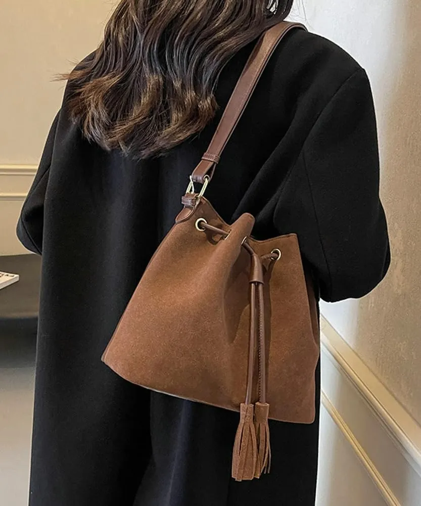 Vegan Leather Retro Bucket Bags Purses Hobo and PU Shoulder Handbags Drawstring with Adjustable Straps 2024