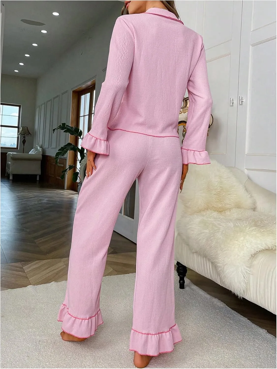 Verdusa Women's 2 Piece Pajama Sets Sleepwear Ruffle Long Sleeve Shirt Toop and Lounge Pants Set