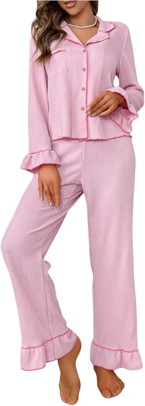 Verdusa Women's 2 Piece Pajama Sets Sleepwear Ruffle Long Sleeve Shirt Toop and Lounge Pants Set
