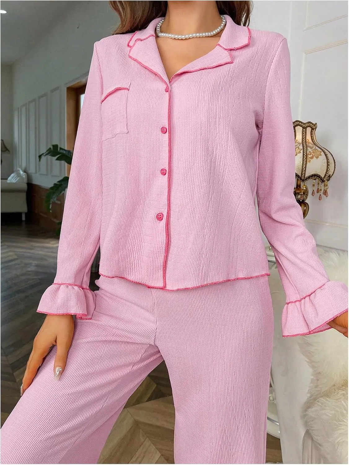 Verdusa Women's 2 Piece Pajama Sets Sleepwear Ruffle Long Sleeve Shirt Toop and Lounge Pants Set