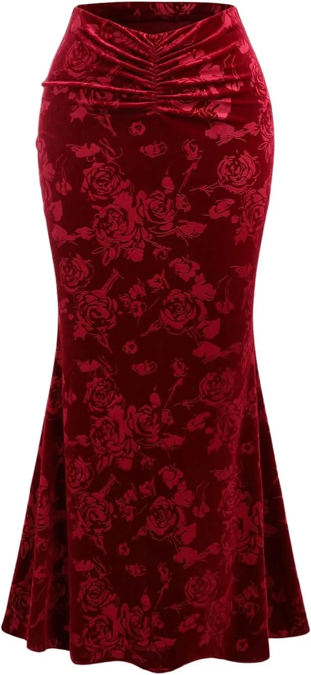 Verdusa Women's Vintage Floral Ruched Fishtail Skirt Elastic Waist Bodycon Long Skirt