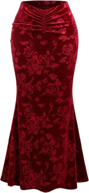 Verdusa Women's Vintage Floral Ruched Fishtail Skirt Elastic Waist Bodycon Long Skirt