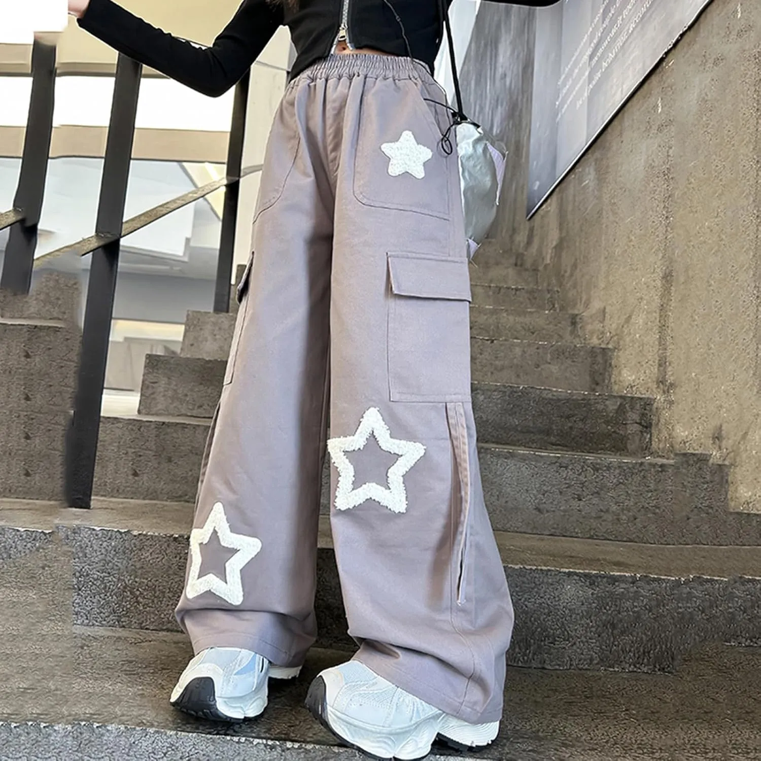 Viatabuna Star Cargo Baggy Pants for Girls Kids High Elastic Waist Embroidery Y2k Wide Leg Pull On Trousers with Pockets