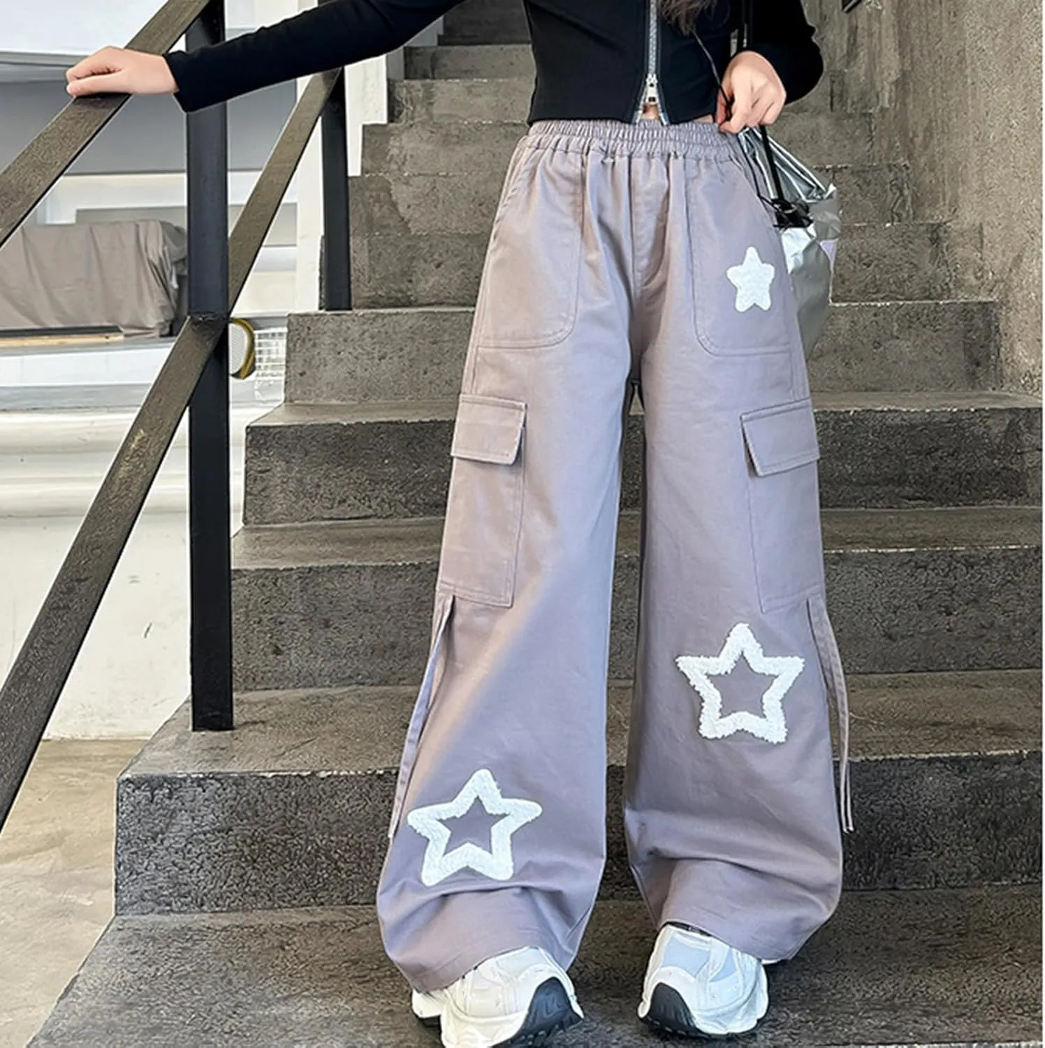 Viatabuna Star Cargo Baggy Pants for Girls Kids High Elastic Waist Embroidery Y2k Wide Leg Pull On Trousers with Pockets