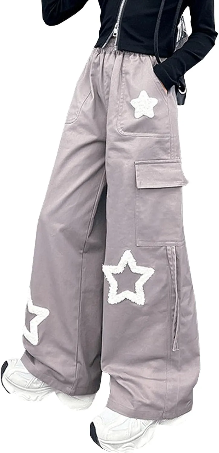 Viatabuna Star Cargo Baggy Pants for Girls Kids High Elastic Waist Embroidery Y2k Wide Leg Pull On Trousers with Pockets