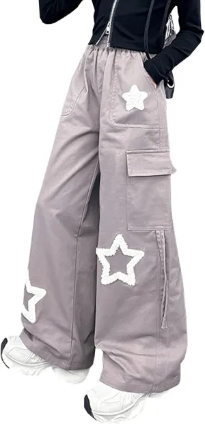 Viatabuna Star Cargo Baggy Pants for Girls Kids High Elastic Waist Embroidery Y2k Wide Leg Pull On Trousers with Pockets