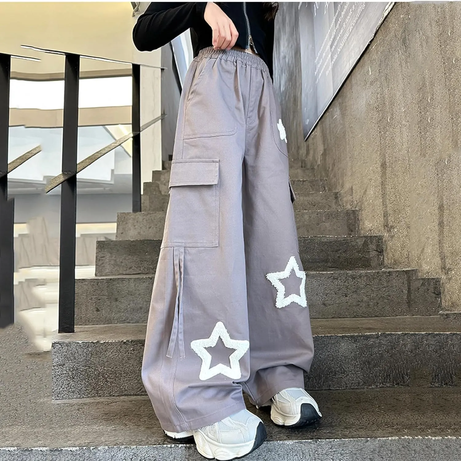 Viatabuna Star Cargo Baggy Pants for Girls Kids High Elastic Waist Embroidery Y2k Wide Leg Pull On Trousers with Pockets