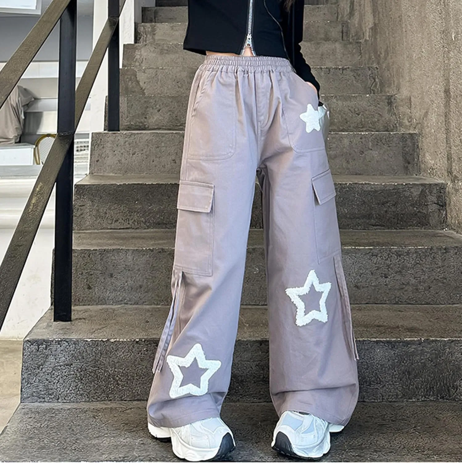 Viatabuna Star Cargo Baggy Pants for Girls Kids High Elastic Waist Embroidery Y2k Wide Leg Pull On Trousers with Pockets