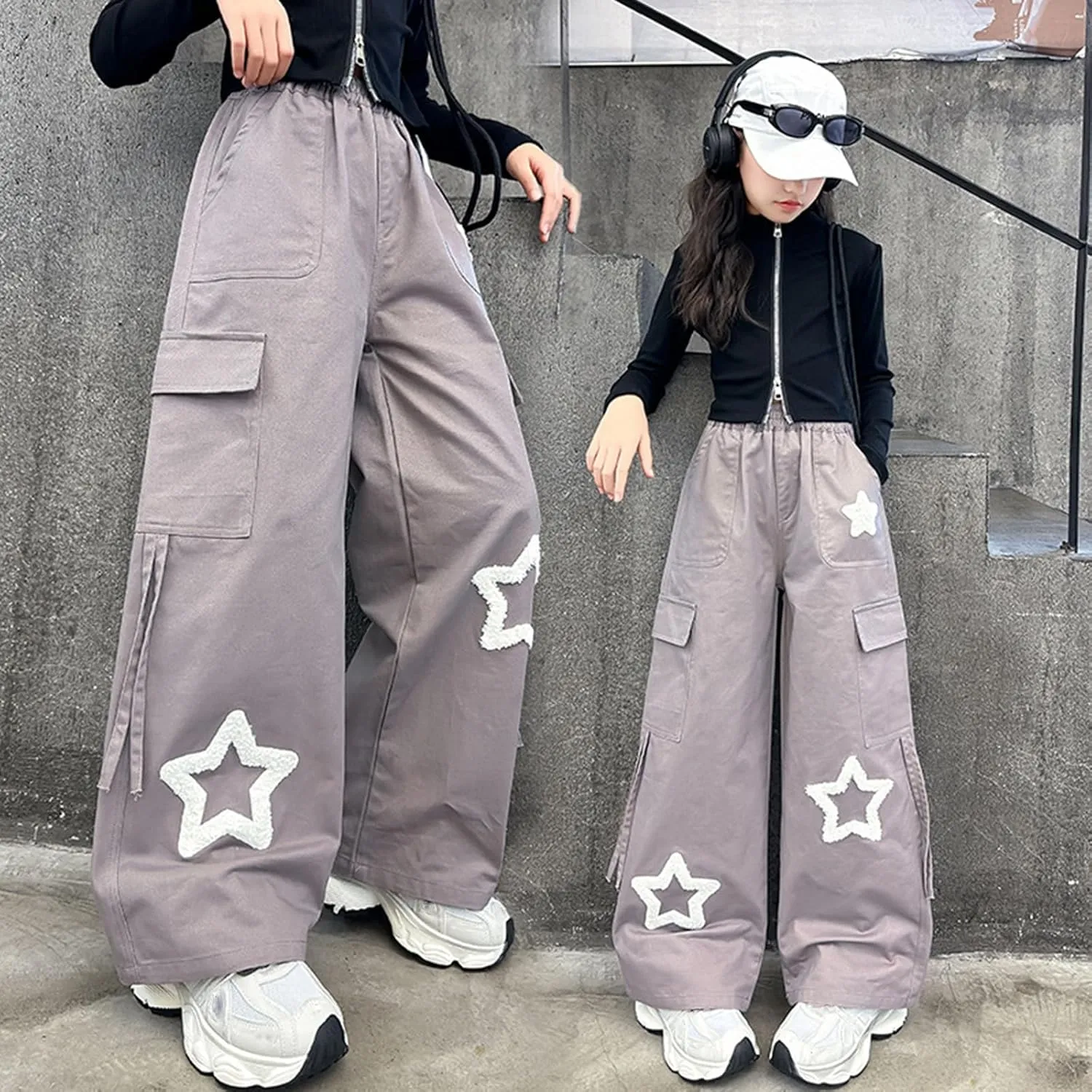 Viatabuna Star Cargo Baggy Pants for Girls Kids High Elastic Waist Embroidery Y2k Wide Leg Pull On Trousers with Pockets