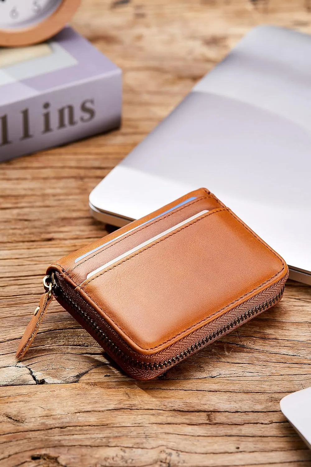 Vintage Full Top Grain Leather Wallet RFID Blocking Multi Card Case with Zipper Pocket Card Holder for Men Women Gift Box