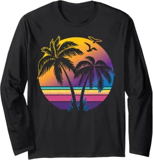 Vintage Sunset Palm Tree Gift Design Idea Beach Lovers Long Sleeve T-Shirt
