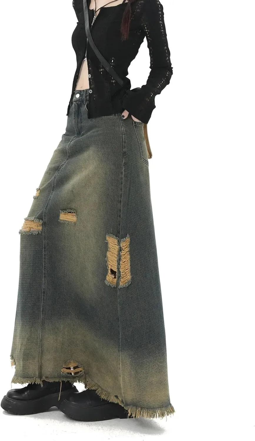 Vintage Sweet Cool Fringe Denim Skirt Women's Spring High-Waisted Slimming A- Line Long-Legged Dress