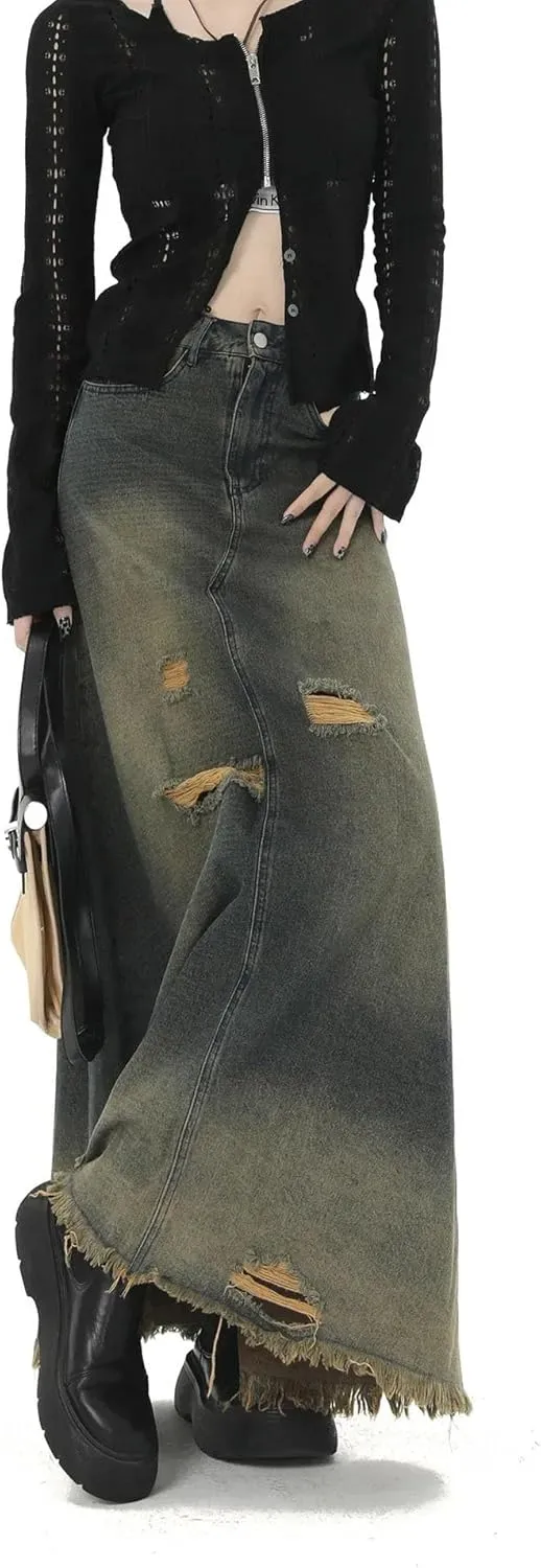 Vintage Sweet Cool Fringe Denim Skirt Women's Spring High-Waisted Slimming A- Line Long-Legged Dress