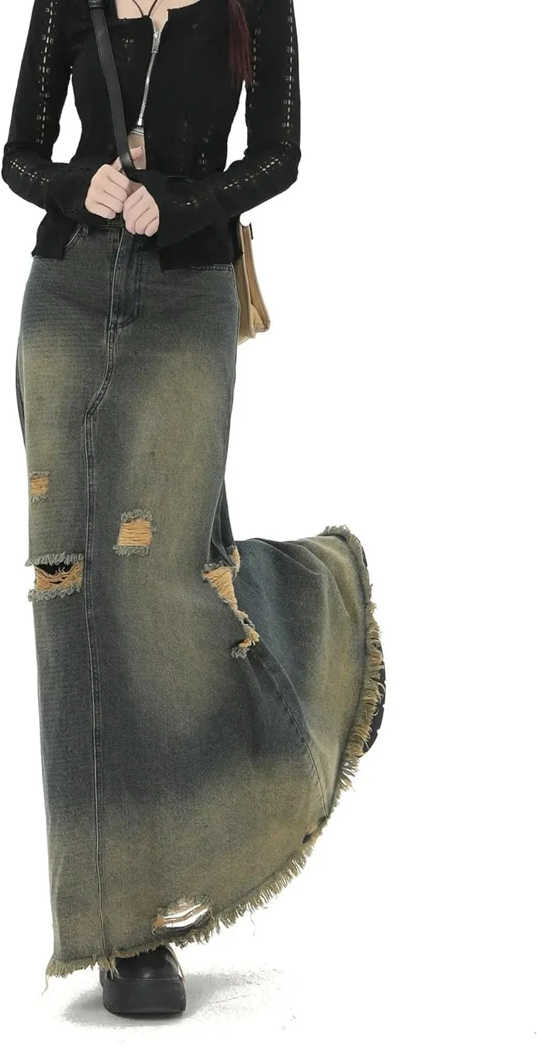 Vintage Sweet Cool Fringe Denim Skirt Women's Spring High-Waisted Slimming A- Line Long-Legged Dress