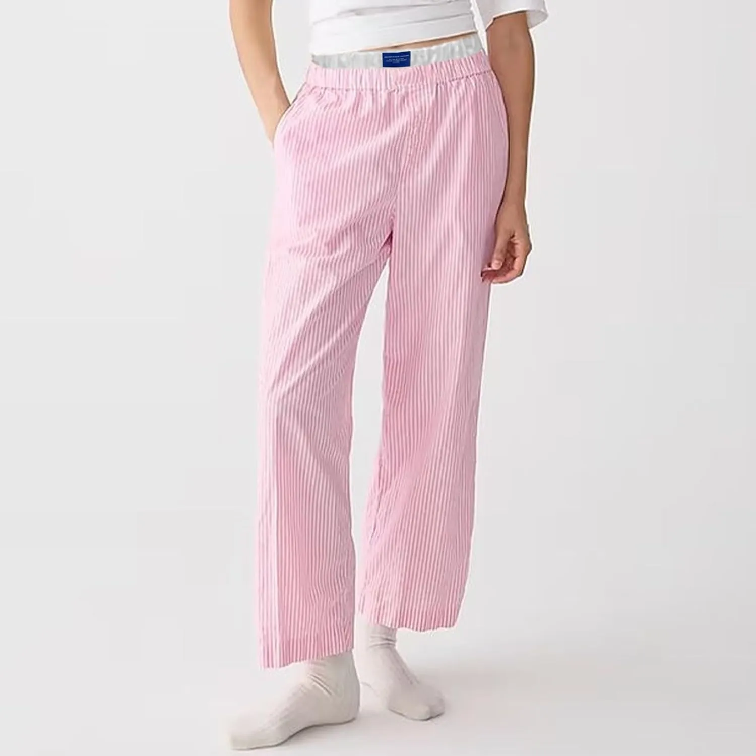 VISGOGO Womens Striped Blue Linen Pants Women Wide Leg Trousers Straight Elastic High Waist Loose Fit Y2K Fashion Pants