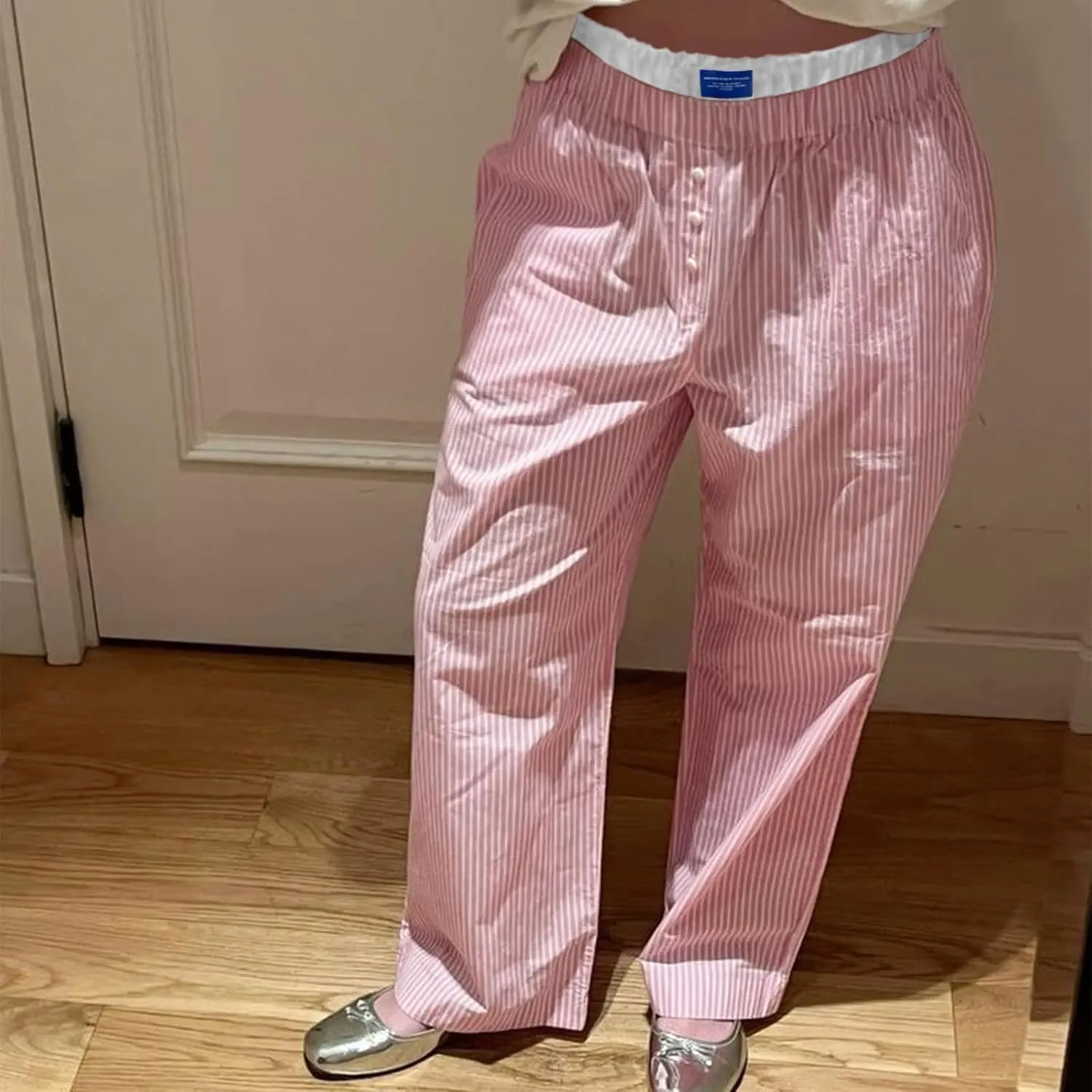 VISGOGO Womens Striped Blue Linen Pants Women Wide Leg Trousers Straight Elastic High Waist Loose Fit Y2K Fashion Pants