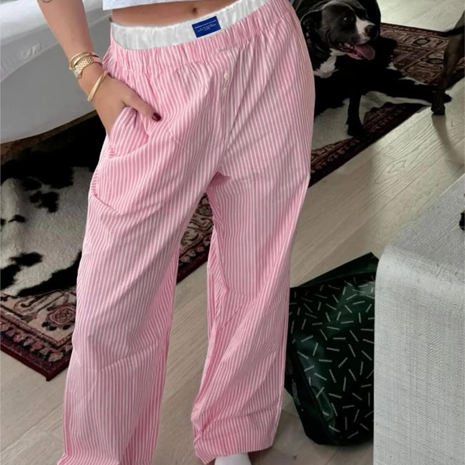 VISGOGO Womens Striped Blue Linen Pants Women Wide Leg Trousers Straight Elastic High Waist Loose Fit Y2K Fashion Pants