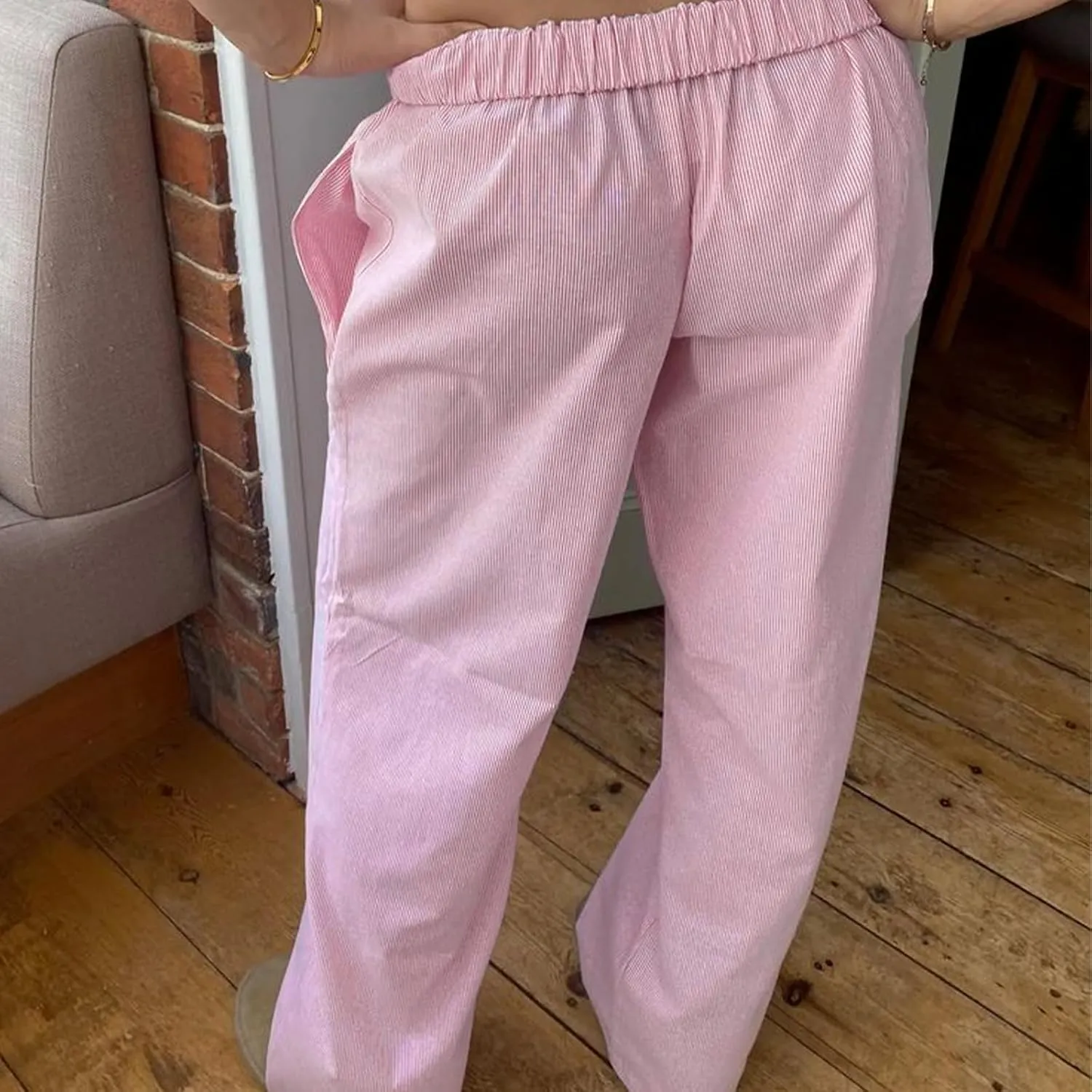 VISGOGO Womens Striped Blue Linen Pants Women Wide Leg Trousers Straight Elastic High Waist Loose Fit Y2K Fashion Pants
