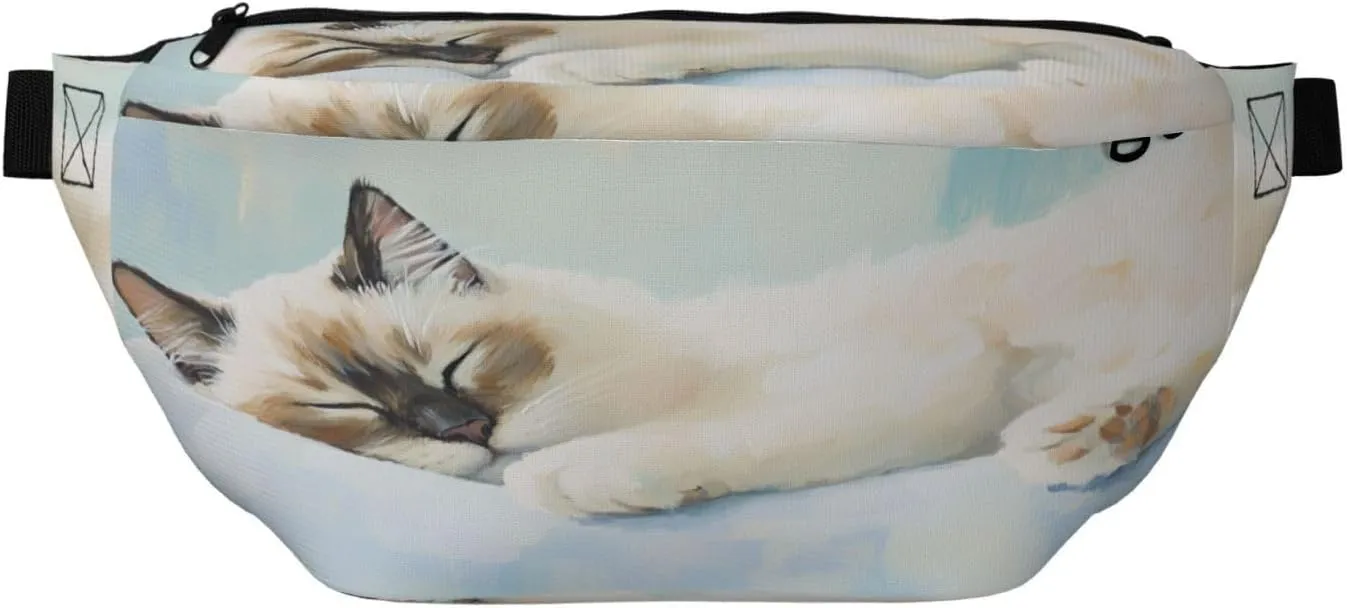White Cat Sleeping Fanny Pack For Women Man, Waist Belt Bag Crossbody For Sports Travel Hiking Running Jogging