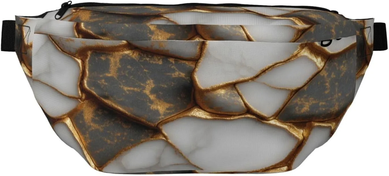 White Marble Texture With Gold Veins Fanny Pack For Women Man, Waist Belt Bag Crossbody For Sports Travel Hiking Running Jogging