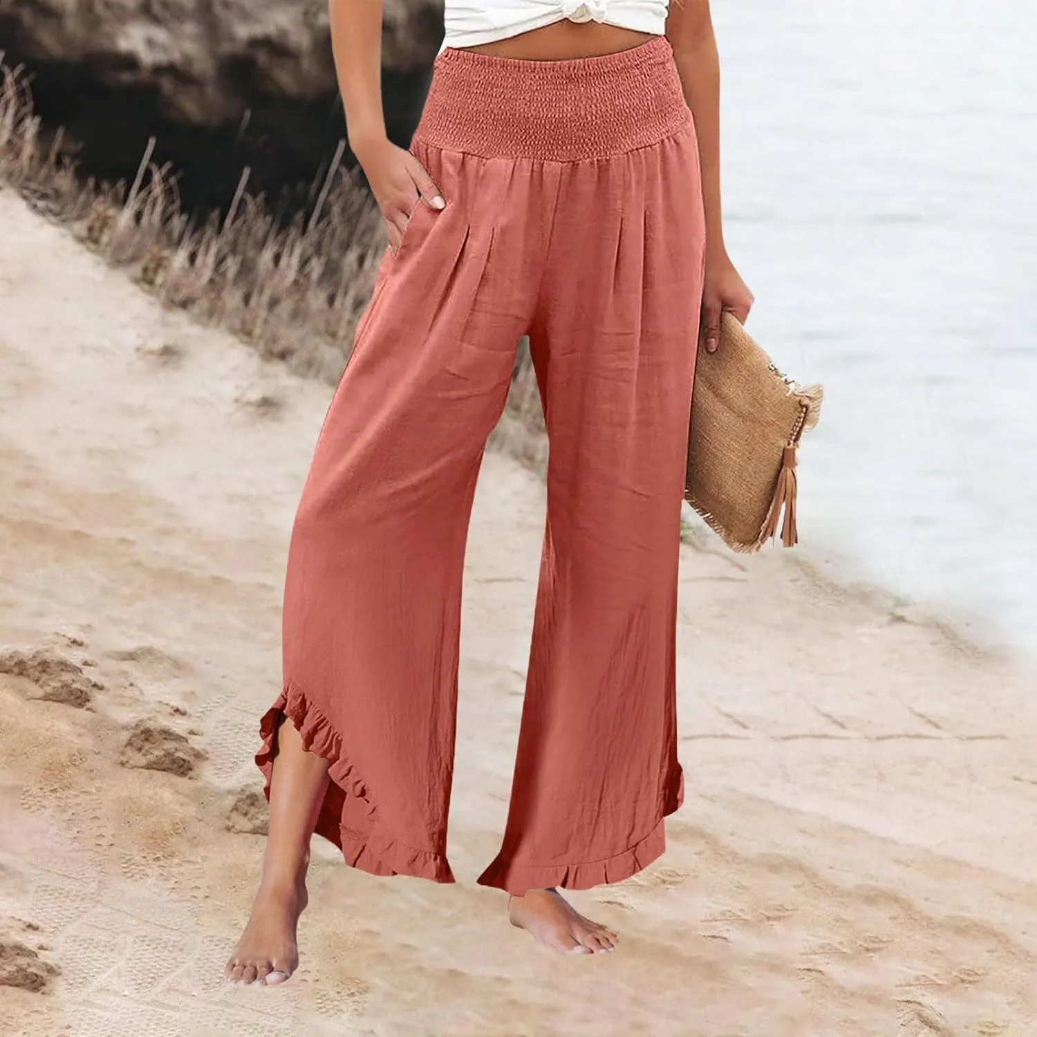 Wide Leg Linen Pants for Women Casual Ruffle Hem Cropped Palazzo Pants Smocked High Waisted Flowy Beach Trousers