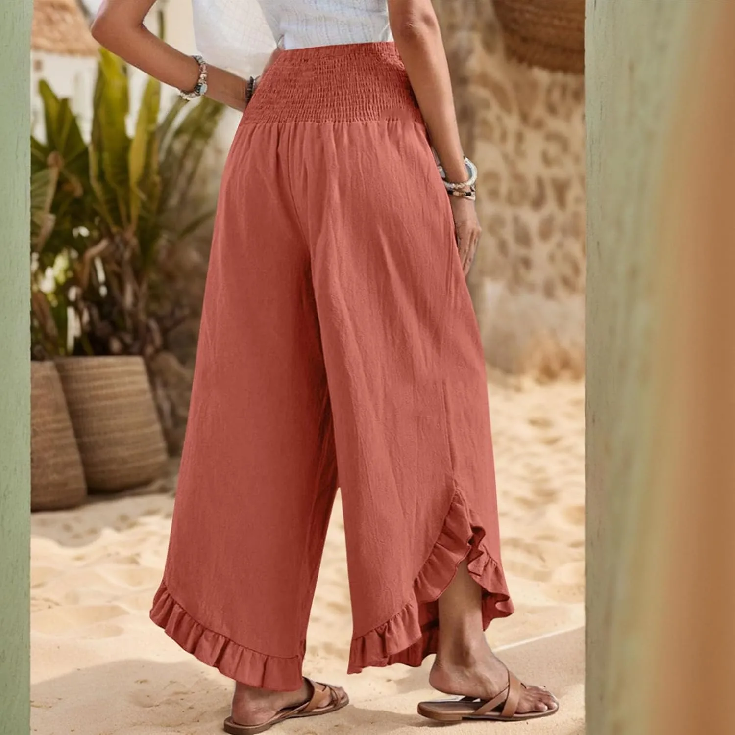 Wide Leg Linen Pants for Women Casual Ruffle Hem Cropped Palazzo Pants Smocked High Waisted Flowy Beach Trousers