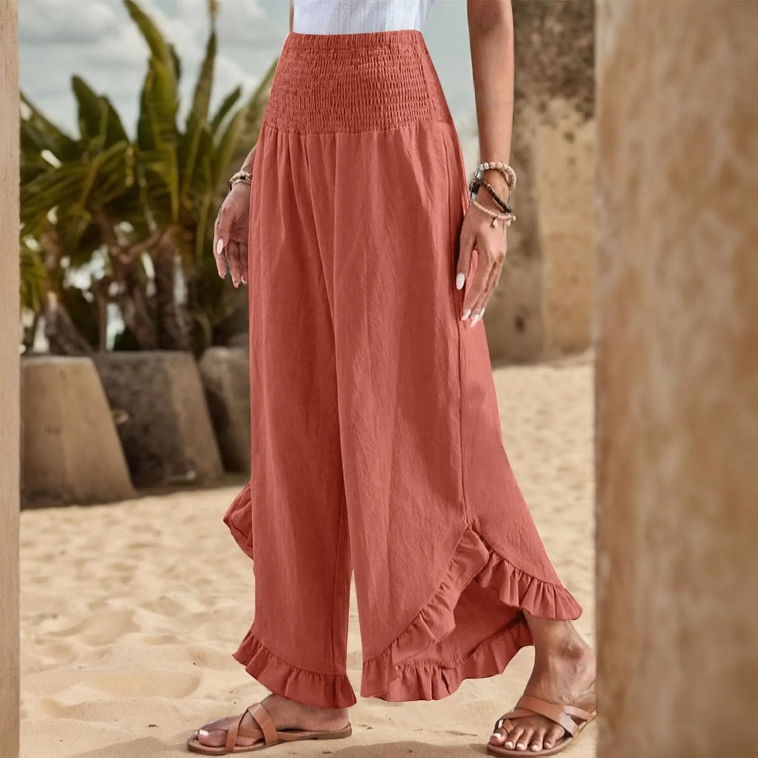 Wide Leg Linen Pants for Women Casual Ruffle Hem Cropped Palazzo Pants Smocked High Waisted Flowy Beach Trousers
