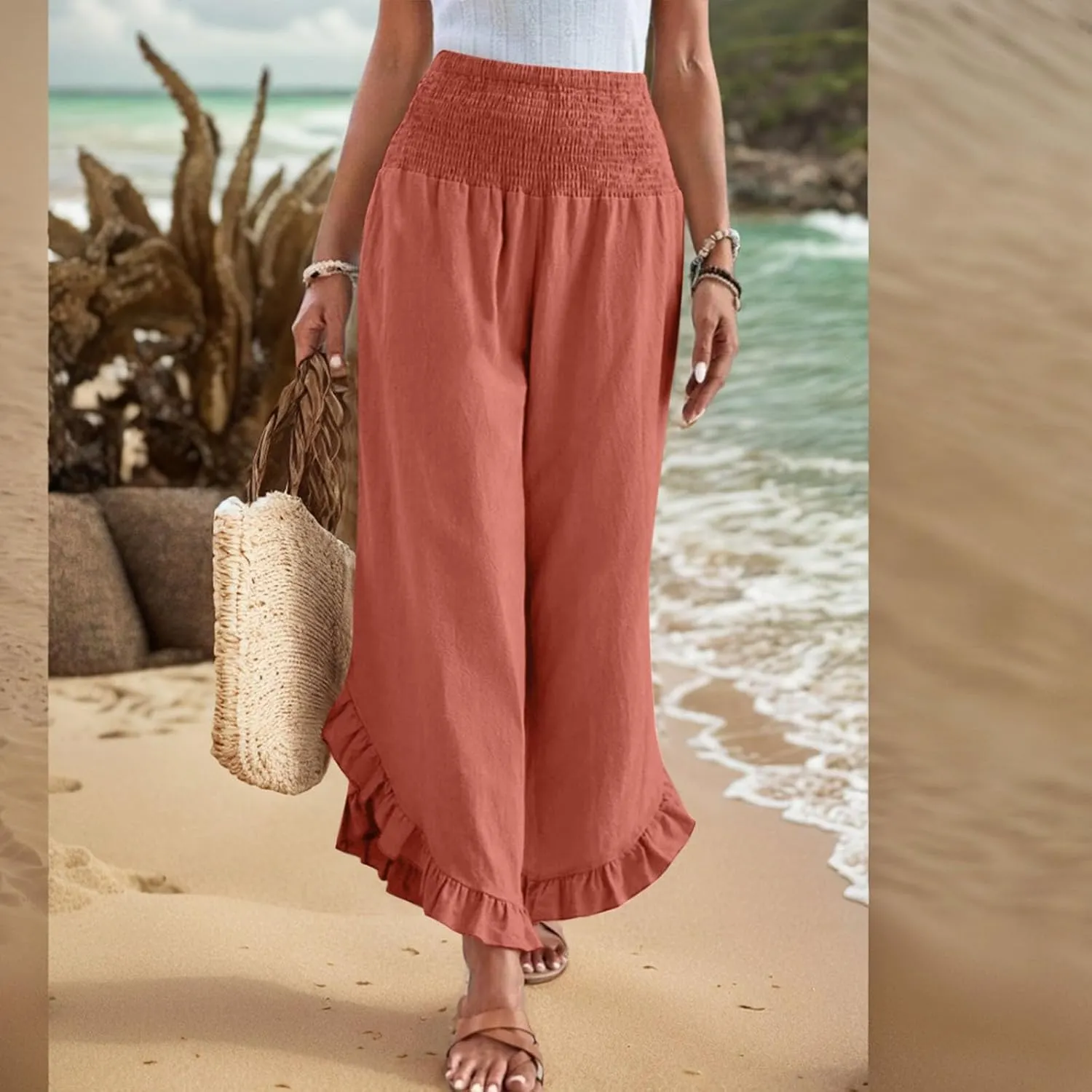 Wide Leg Linen Pants for Women Casual Ruffle Hem Cropped Palazzo Pants Smocked High Waisted Flowy Beach Trousers