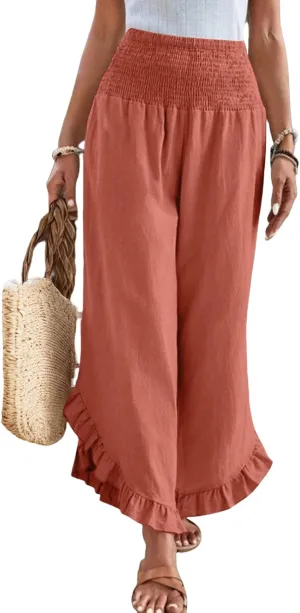 Wide Leg Linen Pants for Women Casual Ruffle Hem Cropped Palazzo Pants Smocked High Waisted Flowy Beach Trousers