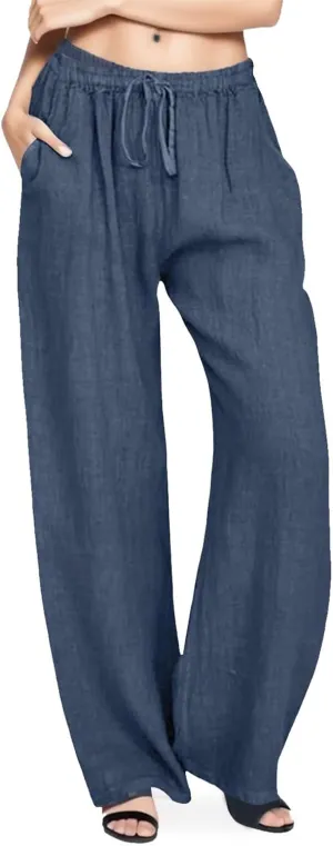 Wide Leg Linen Pants Women Summer Casual Linen Wide Leg Pants with Pockets Drawstring Beach Palazzo Pants Lounge Trousers, X-Large, #B9-navy