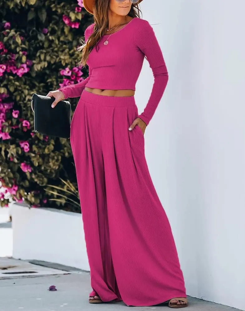 Wide Leg Pant Suits for Women Elegant 2 Piece Solid Outfits Long Sleeve Crop Top High Waist Long Pants with Pockets