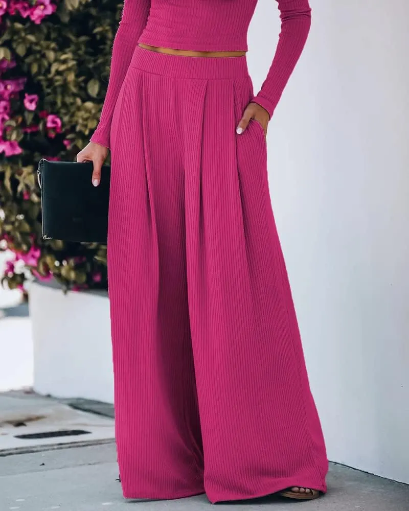 Wide Leg Pant Suits for Women Elegant 2 Piece Solid Outfits Long Sleeve Crop Top High Waist Long Pants with Pockets
