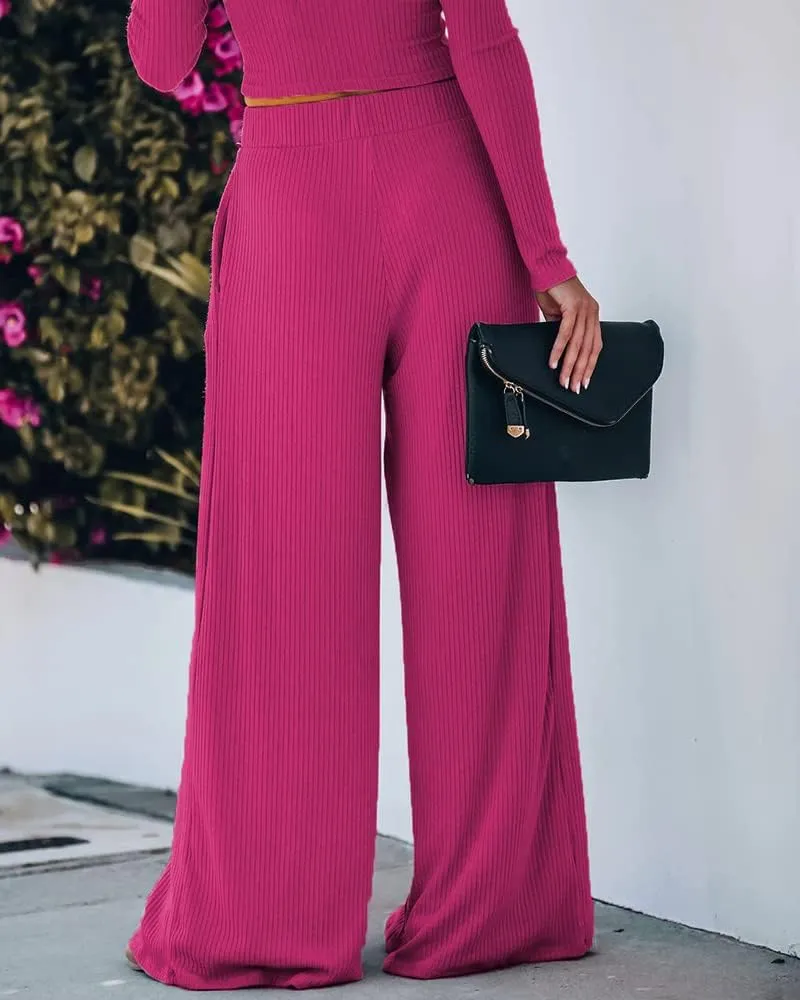 Wide Leg Pant Suits for Women Elegant 2 Piece Solid Outfits Long Sleeve Crop Top High Waist Long Pants with Pockets