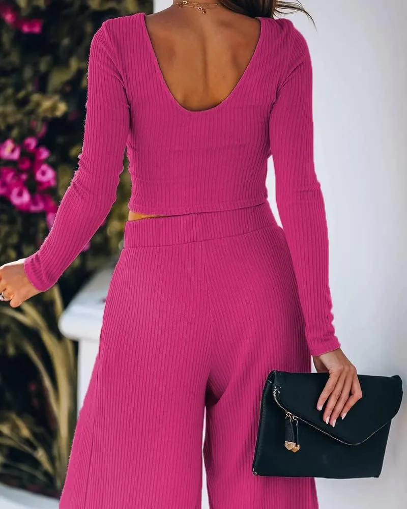 Wide Leg Pant Suits for Women Elegant 2 Piece Solid Outfits Long Sleeve Crop Top High Waist Long Pants with Pockets