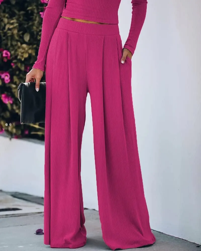 Wide Leg Pant Suits for Women Elegant 2 Piece Solid Outfits Long Sleeve Crop Top High Waist Long Pants with Pockets