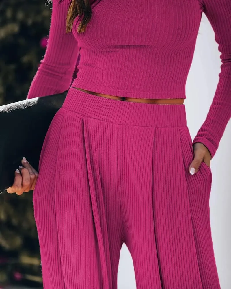 Wide Leg Pant Suits for Women Elegant 2 Piece Solid Outfits Long Sleeve Crop Top High Waist Long Pants with Pockets