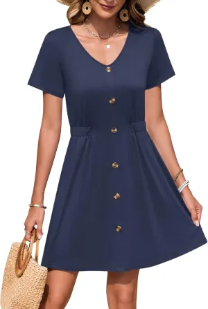 WNEEDU Women Summer Dresses Short Sleeve Casual Loose Swing Button Down Mini Dress Flowy Beach Sundress