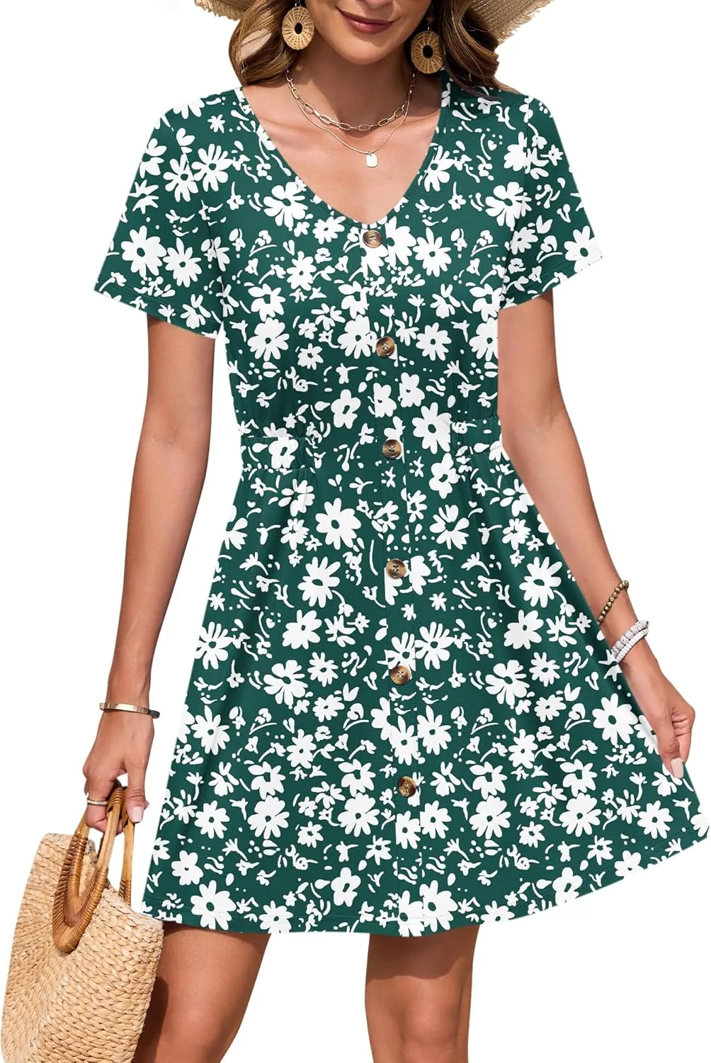 WNEEDU Women Summer Dresses Short Sleeve Casual Loose Swing Button Down Mini Dress Flowy Beach Sundress