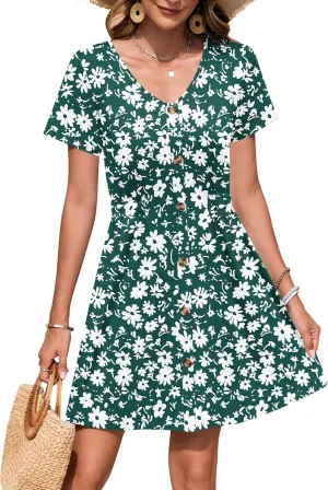 WNEEDU Women Summer Dresses Short Sleeve Casual Loose Swing Button Down Mini Dress Flowy Beach Sundress