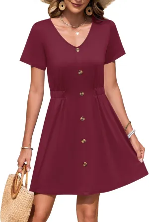 WNEEDU Women Summer Dresses Short Sleeve Casual Loose Swing Button Down Mini Dress Flowy Beach Sundress