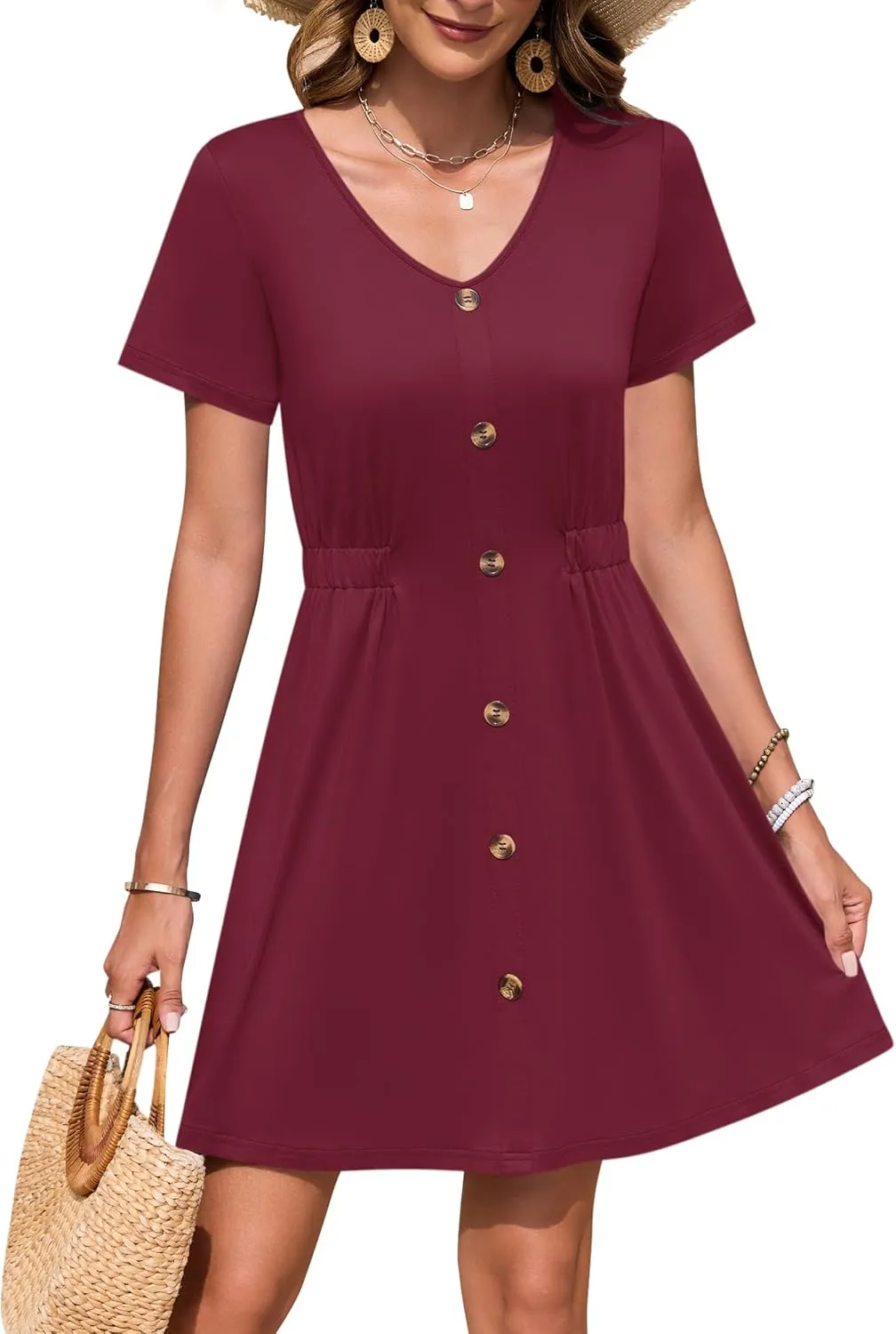 WNEEDU Women Summer Dresses Short Sleeve Casual Loose Swing Button Down Mini Dress Flowy Beach Sundress